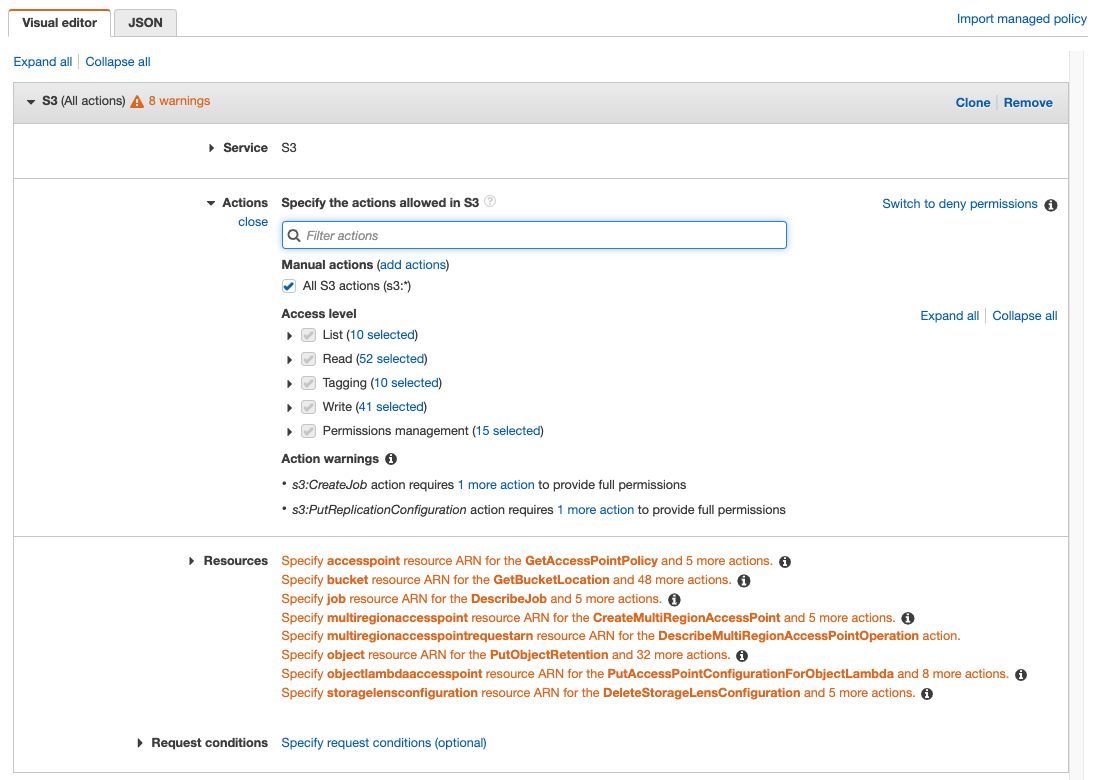 Using the visual editor to define S3 service and S3 actions.